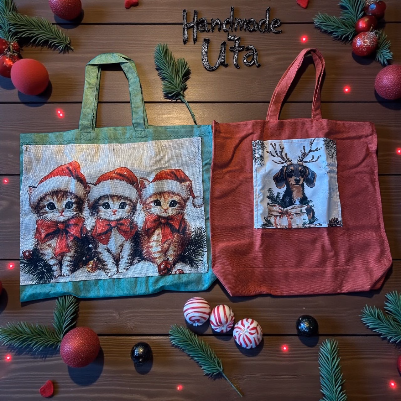 Handgenähte Einkaufstaschen mit tierischem Weihnachtsmotiv – Liebevolle Einzelstücke für die festliche Zeit