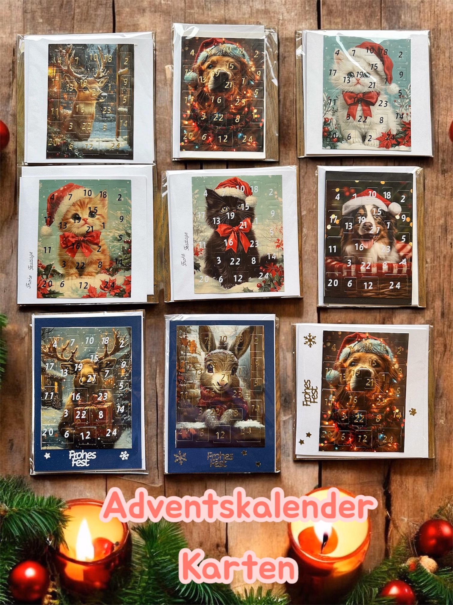 Handgemachte Adventskalenderkarte mit 24 Tiermotiven